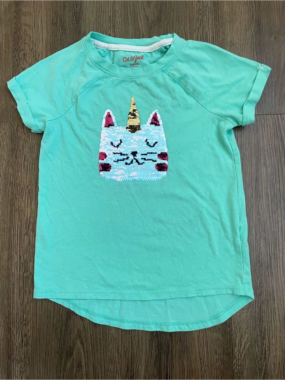 Cat & Jack Mint Green Short Sleeve Sequin Unicorn Cat Tee Girls Size S 6